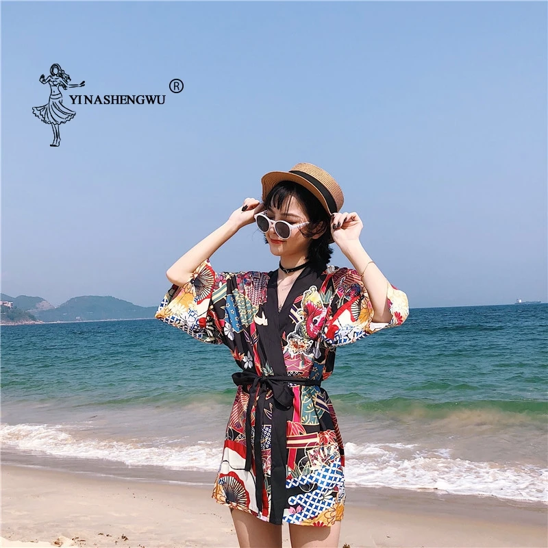 Yukata женский кимоно кардиган Япония Кимоно Одежда Азия летняя рубашка с принтом рыбы Топ повседневные кимоно Kawaii кимоно костюм для косплея