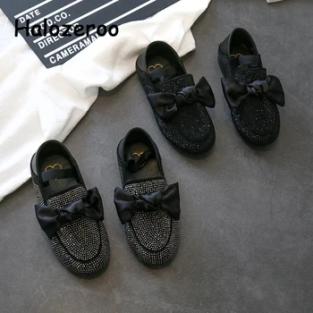

New Spring Kids Bow Princess Shoes Baby Girls Black Sweet Shoes Children Brand Shoes Fashion Slip On Loafer Rhinestone Moccasin