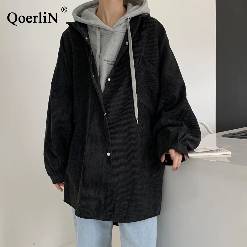 QoerliN черный/красный вельвет куртка Верхняя одежда с длинными рукавами Осень Зима