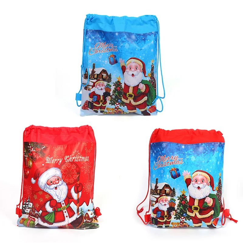 

1pcs Santa Claus double-sided non-woven printing beam Drawstring bag toy storage bag school bag birthday party gift bag