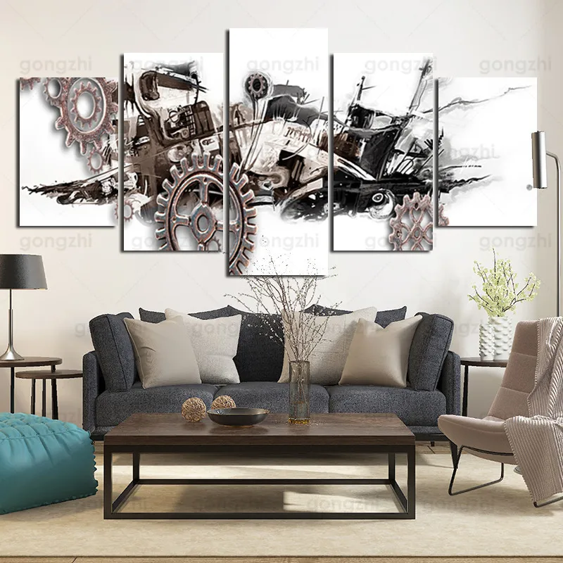 

Modern Wall Painting 5Pcs Abstract Design Sense Metal Gear Industrial Pipe Decoration Frameless Canvas Printing Poster