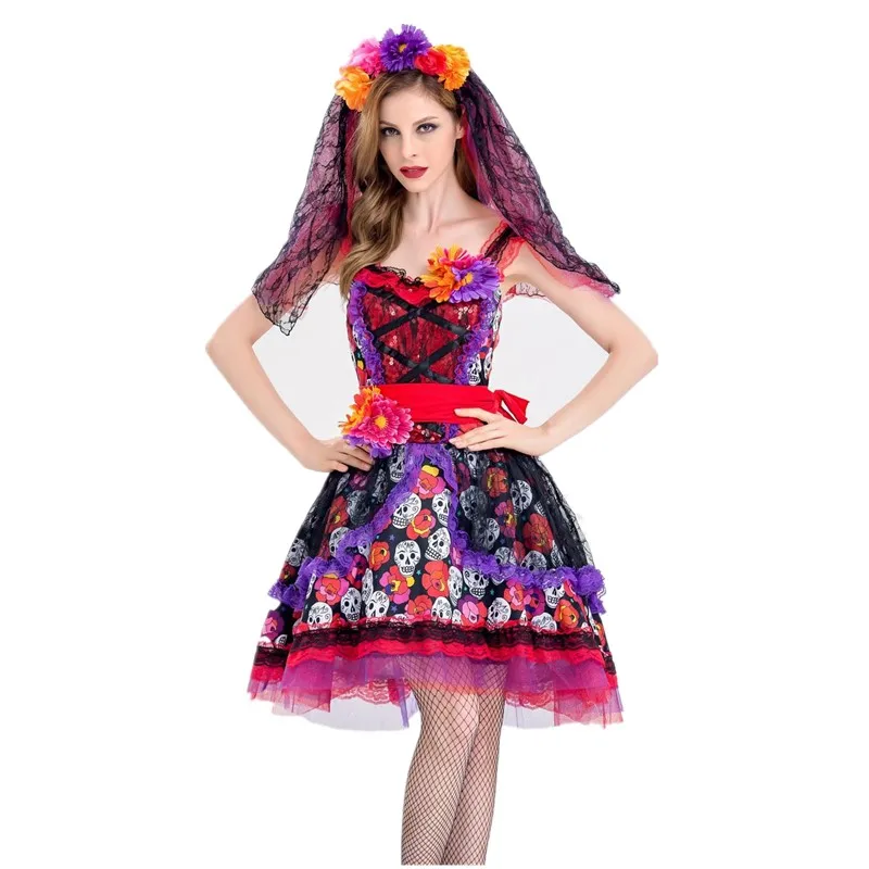 Мексиканский День мертвых ужасов Череп Зомби карнавальный костюм на Хэллоуин вечерние цветы фея привидения невесты косплей платье
