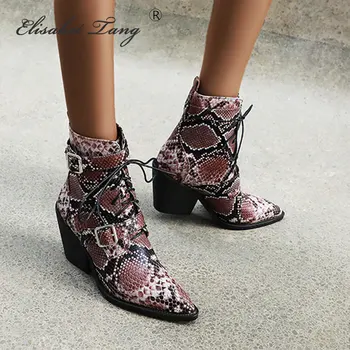 

ElisabetTang 2019 Autumn Winter Ankle Boots for Women Animal Snake pattern PU Leather High Heels Booties Ankle botas Shoes Pumps
