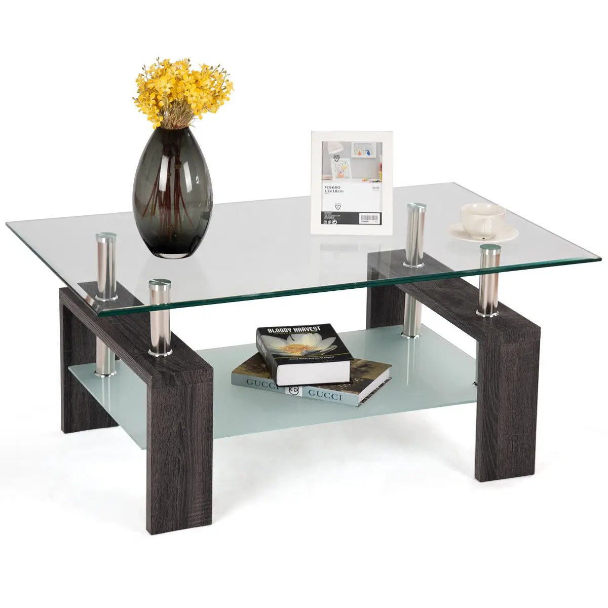 

Costway Rectangular Tempered Glass Coffee Table w/Shelf Wood Living Room Furniture