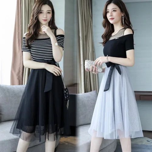 

Dress Solid Color Crew Neck Pullover Medium Waist Short Sleeve 2019 Summer Fashion Elegant Joint Mock Two-Piece Skirt Women's