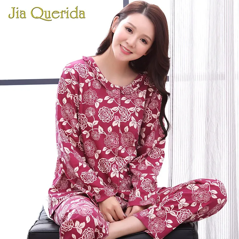 

Pijamas Suit Woman Nightwear New Cardigan Plus Size Elegant Flower Print Design O Collar Long Pants Red Autunm Spring Pajama Set
