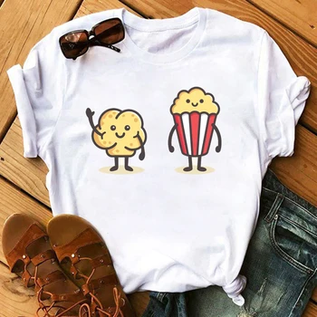 

FIXSYS Cute T Shirts Women Streetwear Graphic Popcorn Tees Fashion Milk Tea Printed Women Tops Casual Female Tshirt