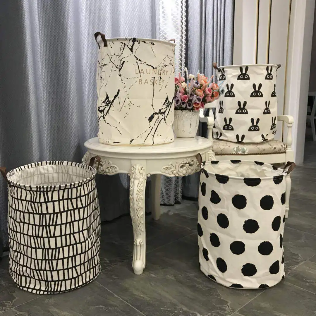 

Foldable Laundry Hamper Minimalist Waterproof Dirty Clothes Toys Storage Basket with Leather Handles for Home Nursery