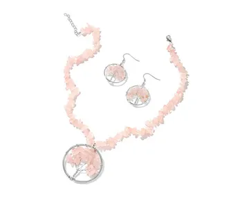 

FYJS Unique Silver Plated Tree of Life Pendant Long Irregular shape Gravel Chain Necklace Stone Earrings Ethnic Jewelry Sets