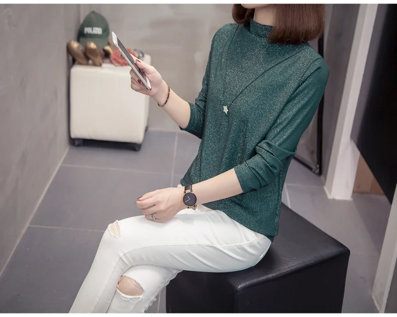 Plus Size Bright Silk Tops Tee Shirts Women 2020 Autumn Trendy Turtleneck Long Sleeve Office Lady Basic T-shirts Oversize Tshirt