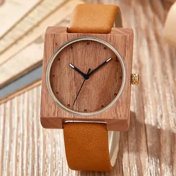 

REAL Ebony Wood Dial Watch Men Women Couple Square Wristwatch Wooden Reloj Male Female Brown Leather Sandalwood Watches Clock