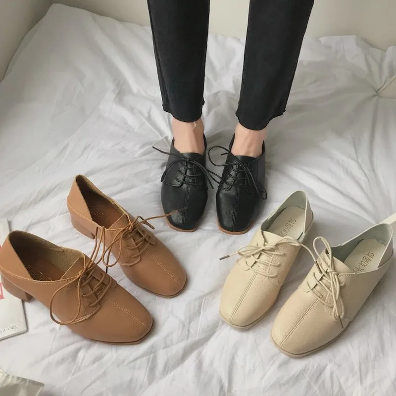 

Spring Flats Women Shoes Lace Up Loafers Patent Leather Women's Low Heels Slip on Footwear Female Pointed Toe Thick Heel Z15-68