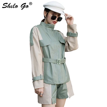 

Genuine Leather Jacket Peter Pan Collar Color Block Cut-and-Sew Buckle Belted Coats Women Autumn Casual Belted Cuff Zip Outwear