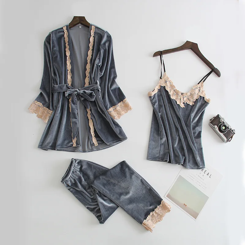 Бархатный женский костюм из 3 предметов, ночная рубашка и халат, домашний халат, Сексуальная рубашка на бретелях и штаны, пижама с длинным рукавом, ночная рубашка, кимоно, Халат