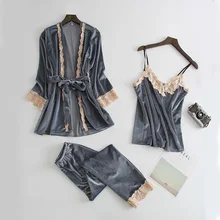 Бархатный женский костюм из 3 предметов, ночная рубашка и халат, домашний халат, Сексуальная рубашка на бретелях и штаны, пижама с длинным рукавом, ночная рубашка, кимоно, Халат