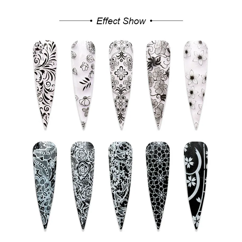 Черные/белые кружевные цветочные наклейки для ногтей с листом, лаковая смесь, переводная Фольга для ногтей, Переводные курсоры для дизайна ногтей, маникюрный дизайн ZJT4048