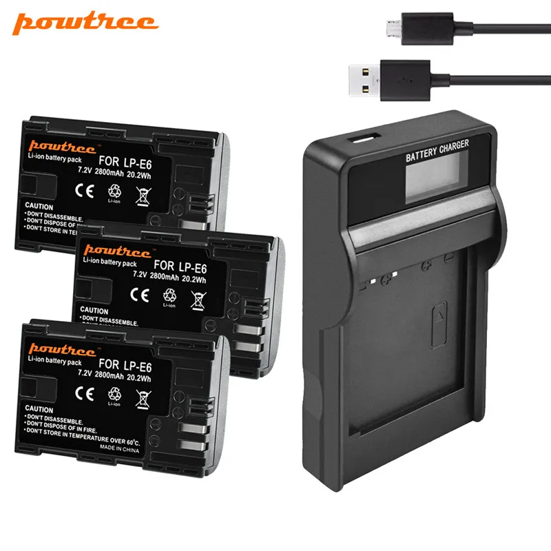 Powtree LP-E6 LP E6 2800mAh 7,2 V батарея+ USB lcd зарядное устройство для камеры Canon EOS 5D4 5D3 60D 6D 7D 70D 80D 5DSR