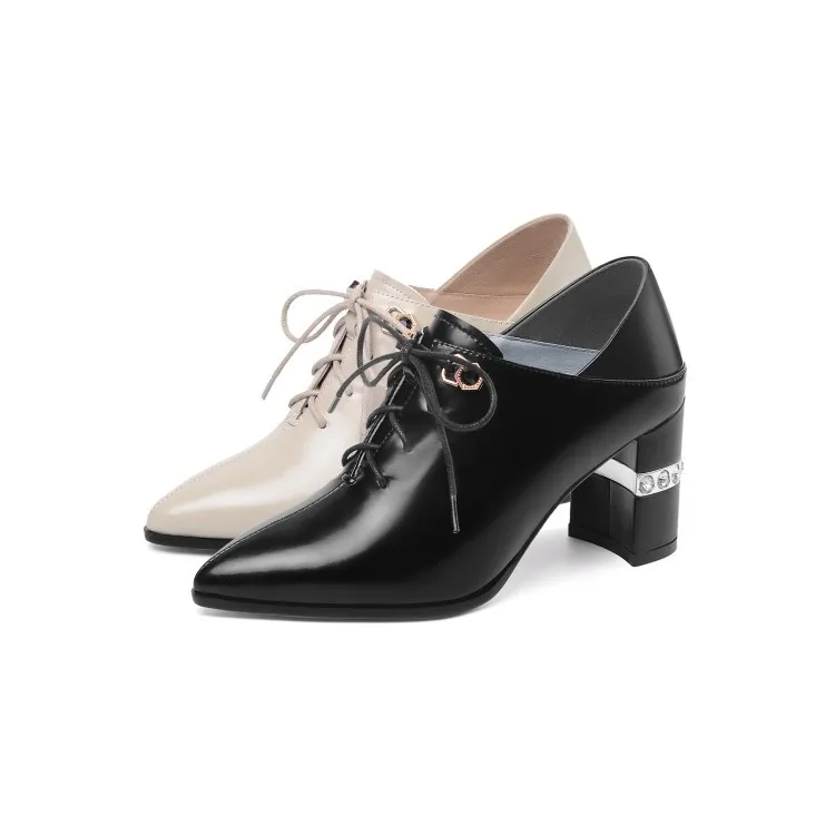 

Solid Color Full-grain Leather Deep Mouth Four Seasons Shoes 2020 Early Spring Trend New Style Pointed-Toe Lace up Front Chunky