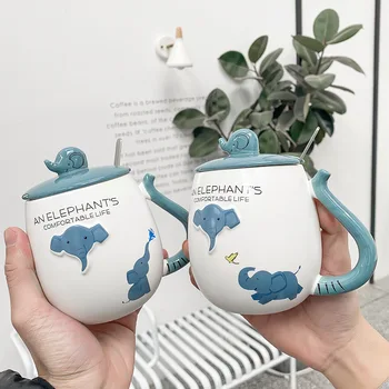 

450ml Animal Mugs Cartoon stereo elephant Coffee Mug With lid spoon creative Drinkware Coffee Tea Cups Novelty Gifts milk cup