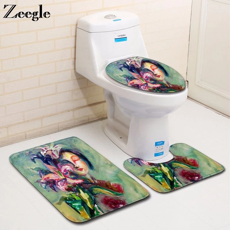 Zeegle Bath Mat Set Washable Bath Mat Bathroom Entrance Doormat Washable Toilet Pedestal Rug Absorbent Flannel 3pcs Toilet Set