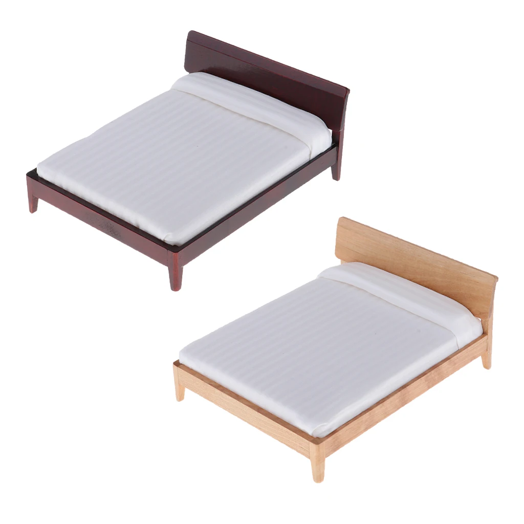 1:12 Dollhouse Bedroom Furniture Set - Wooden Bed & White Mattress Pillow - Doll House Life Scenes Decoration