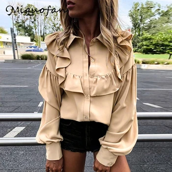 

Miguofan ruffles blouse solid lantern long sleeve women blouse button shirts office lady shirts casual female tops blusas 2020