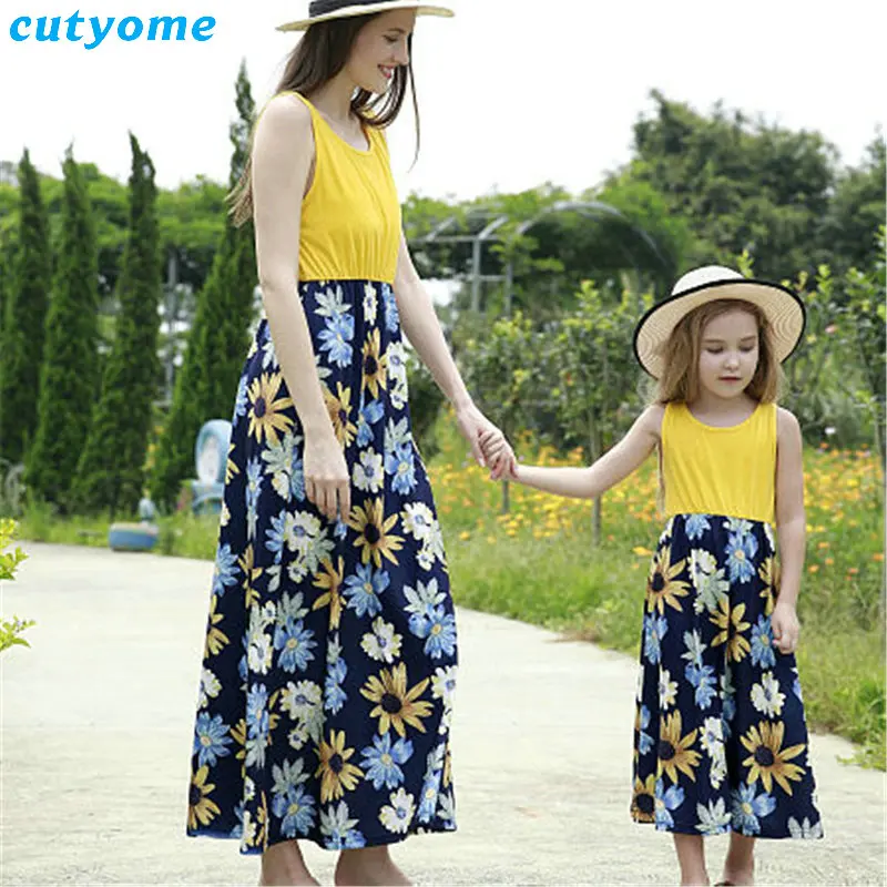 Matching Mother And Daughter Floral Sleeveless Dress Family Patchwork Summer Clothes Mommy And Me Women Sun Flower Sundress