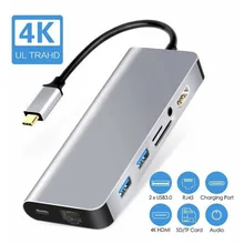 Usb-хаб 8 в 1 USB-C-type-C USB 3,0 HDMI 4K VGA RJ45 адаптер концентратор Многофункциональный Док-станция для macbook pro usb-хаб 3,0 usb-разветвитель