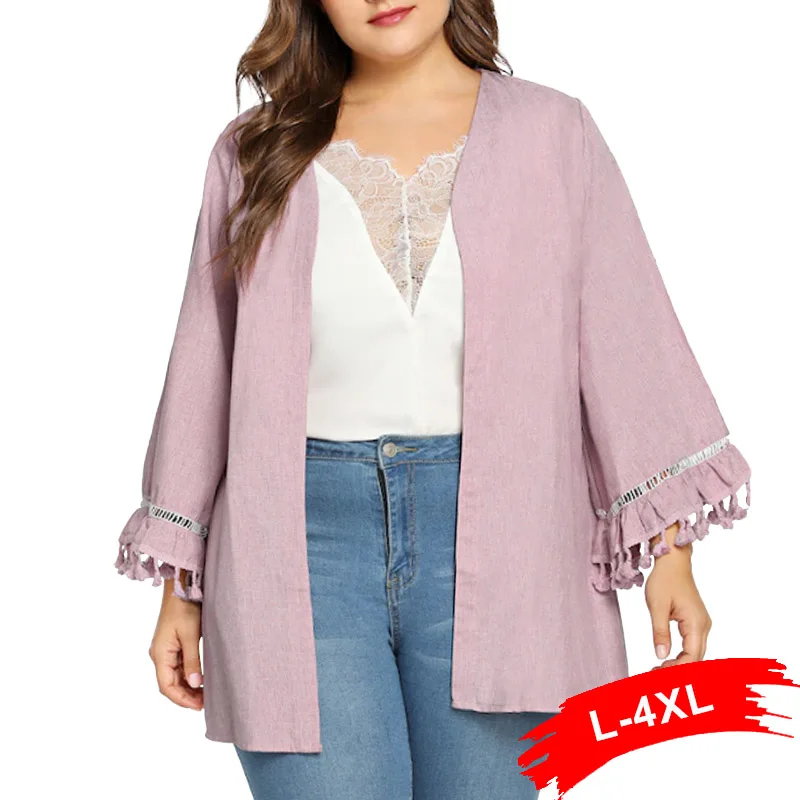 Женский пляжный кардиган с бахромой Boho розовый длинными рукавами и однотонной