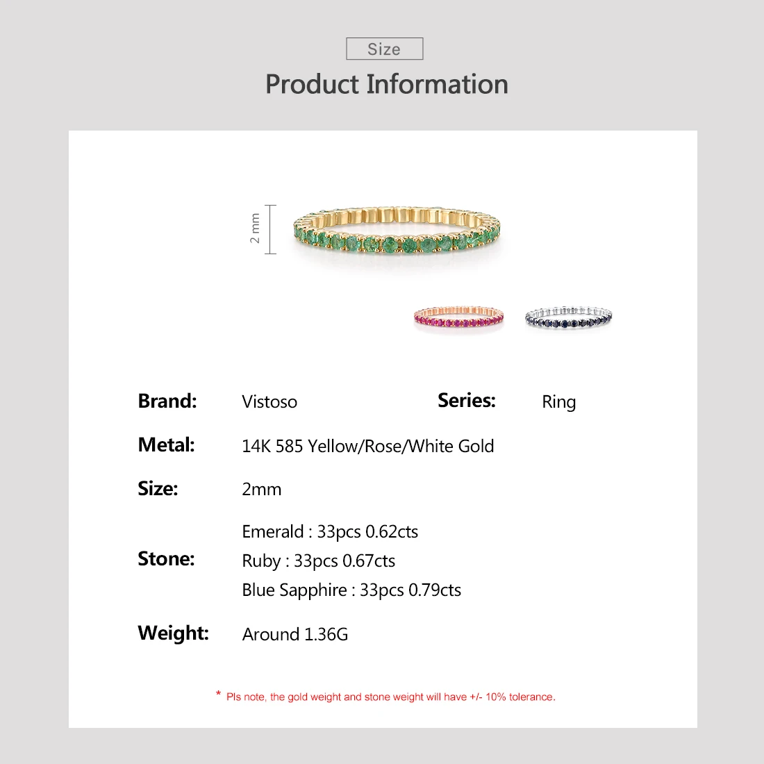 VISTOSO Pure 14K White/Rose/Yellow Gold Ring For Women Blue Sapphire/Ruby/Emerald Simple Style Eternity Ring Gift Fine Jewelry