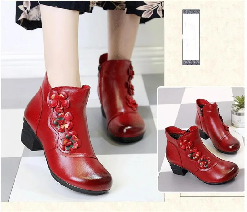 YAERNI Autumn Winter Shoes Woman Cow Leather Flower Shoes Comfort Med Heel Ankle Boots Genuine Leather Fashion Shoes women