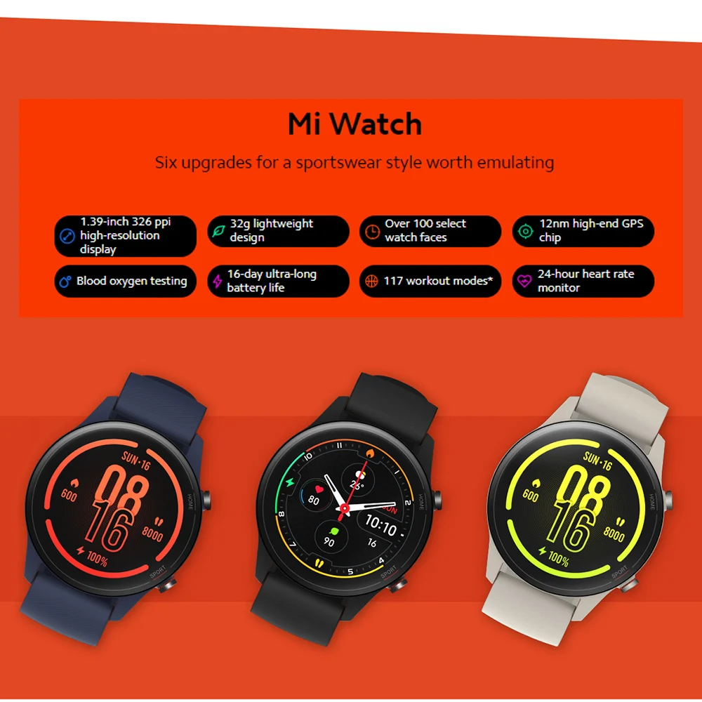 Xiaomi Global Mi Watch Blood Oxygen GPS Fitness Tracker Bluetooth 5.0 Heart  Rate Monitor 1.39\