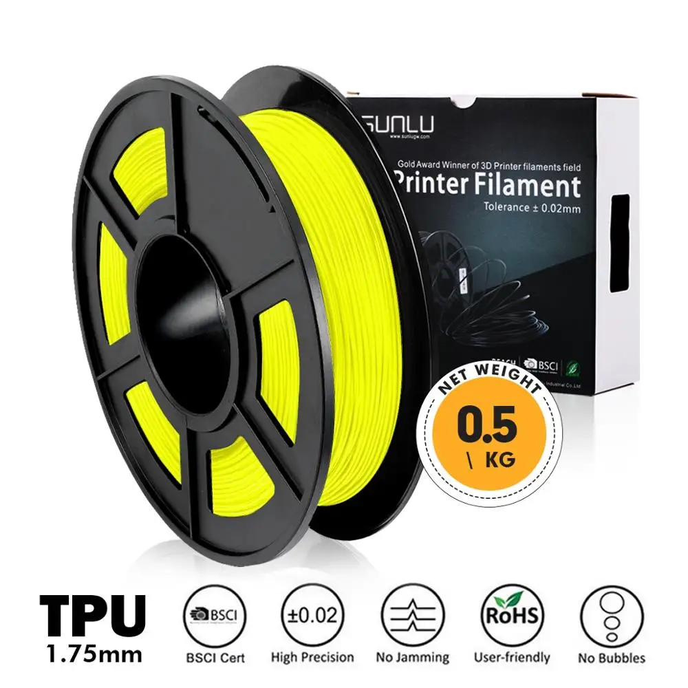 Filamento Flexible de TPU 3D, filamentos de Color amarillo, 0,5 kg, 1,75mm de precisión Dimensional, 0,02mm, Material de impresión colorido sin burbujas