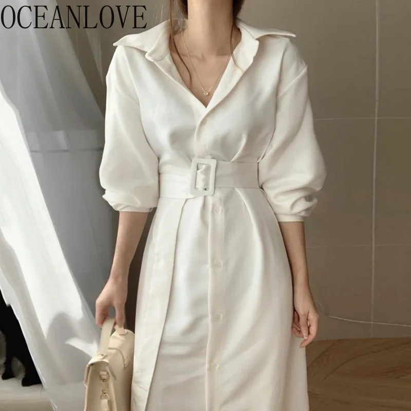 OCEANLOVE Office Lady Work Women Dresses Elegant Belt Fashion Solid Long Vestidos 2020 Spring Summer Robe Dress Retro 16816 | Женская