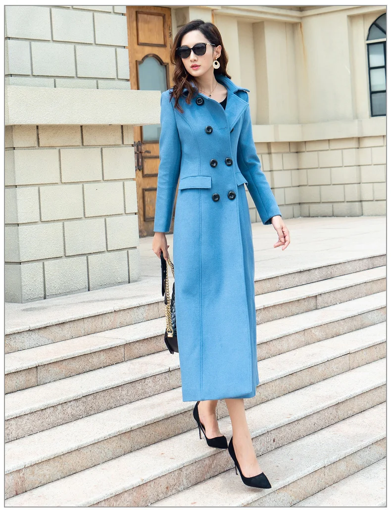 Зимнее шерстяное пальто, синее длинное тонкое пальто для женщин, Manteau Femme S/XXXL