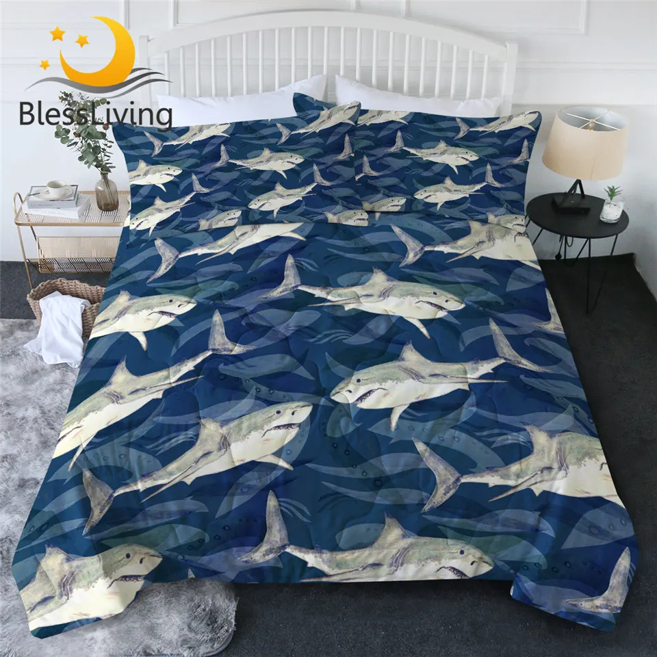 

BlessLiving White Shark Summer Quilt Watercolor Cool Blanket Dark Blue Ocean Bedding 3pcs Marine Animal Bedspread couette de lit