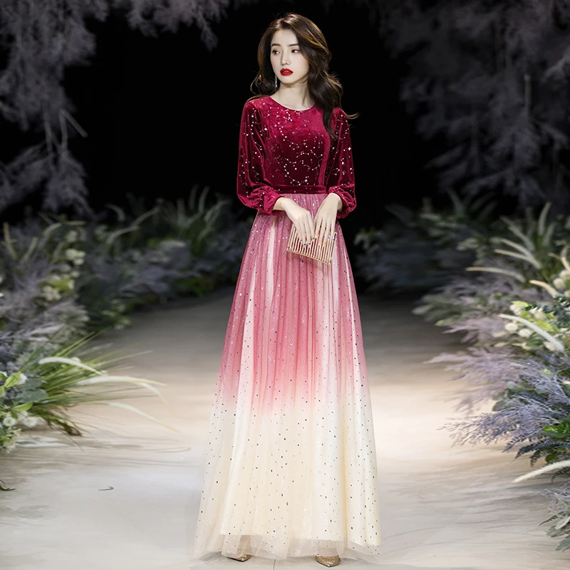 wei yin AE0306 Robe De Soiree Wine Red A-line O Neck 3/4 Sleeve Tulle Evening Dresses Long Elegant Party | Свадьбы и торжества