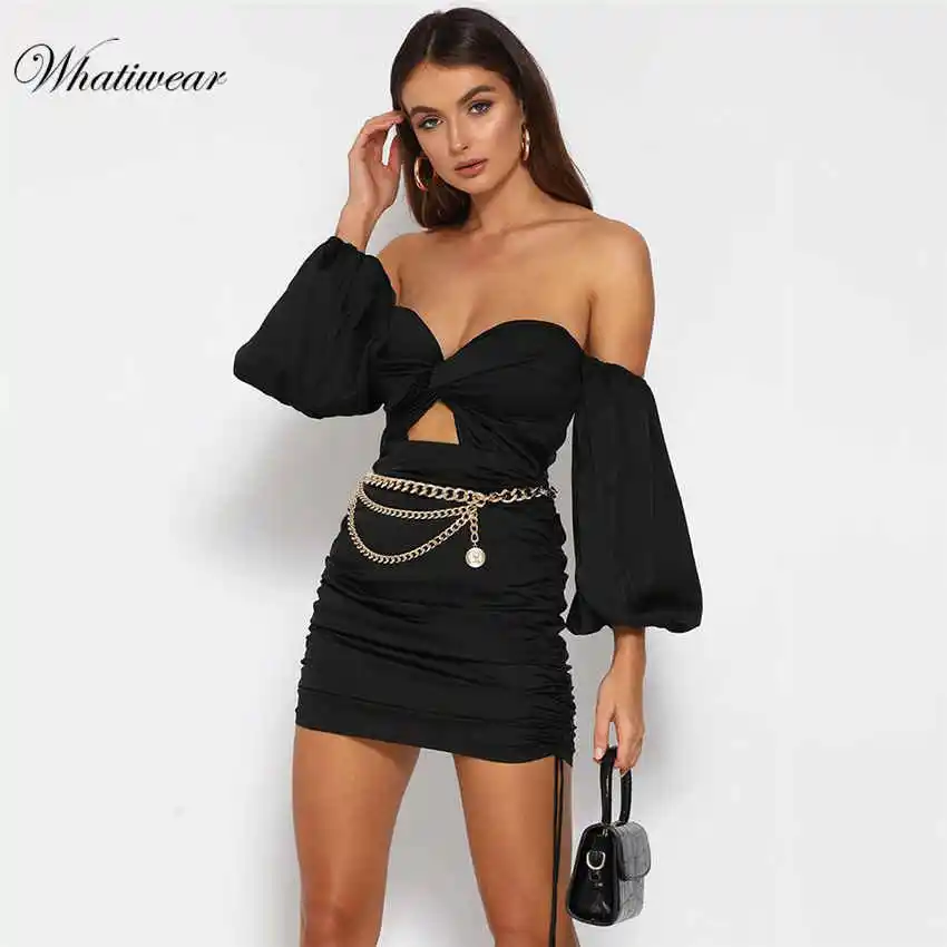 Whatiwear Летнее мини-платье с глубоким v-образным вырезом Вечерние уличные женские платья с открытой спиной и пышными рукавами Vestidos de festa - Цвет: Black