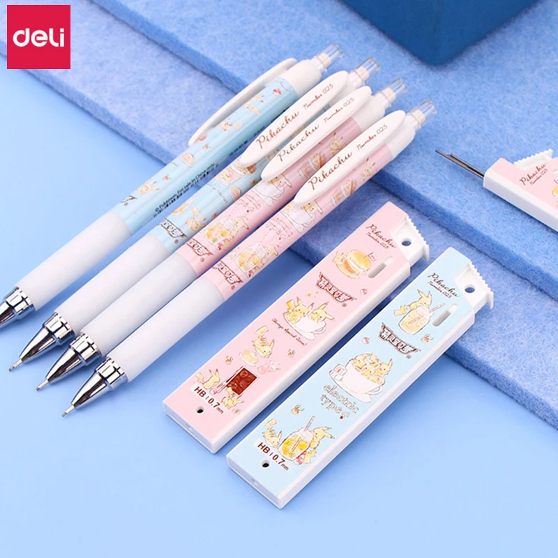 Deli Pokemon lápices mecánicos lindo Pikachu mecánica recargas lápiz estudiante escribiendo papelería, material escolar para niños lápiz