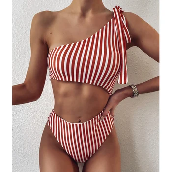 

High Waist Striped Bikini Mujer 2020 Sexy Hollow Out Swimwear Women One Shoulder Bathing Suit Women One Piece Brazilian Swimsuit