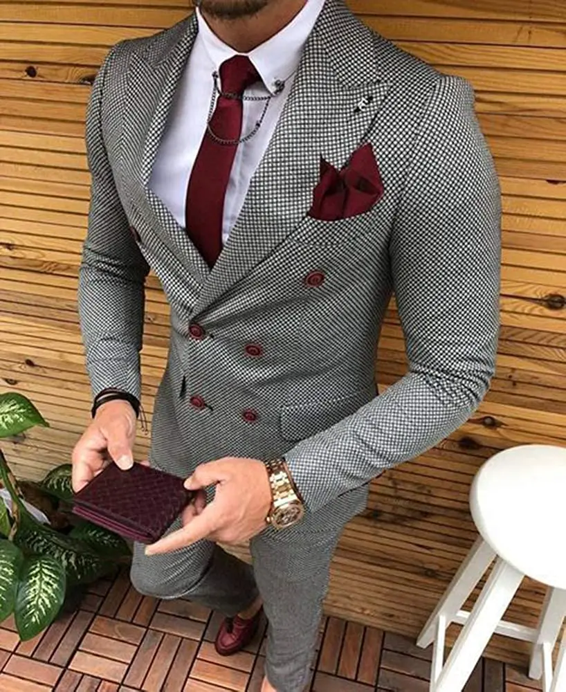 Men's Business Suits 2 Pieces Double Breasted Regular Fit Notch Lapel Plaid Wool Prom Tuxedos For Wedding (Blazer+Pants)