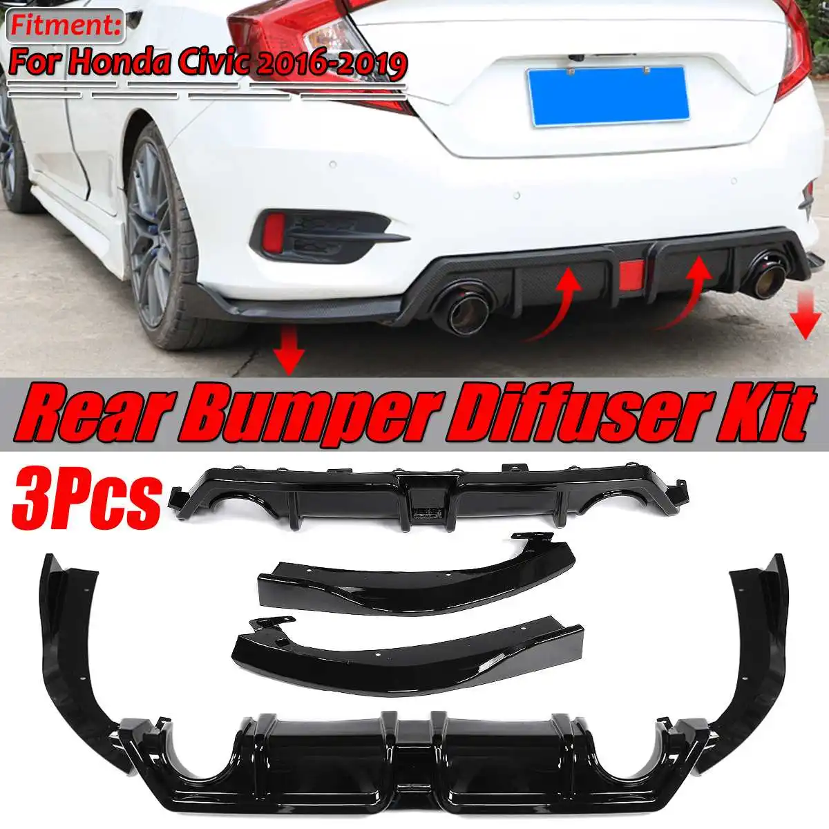 

Carbon Fiber Look/Black Car Rear Bumper Diffuser Splitter Lip Guard Protection Spolier Cover Trim For Honda For Civic 2016-2019