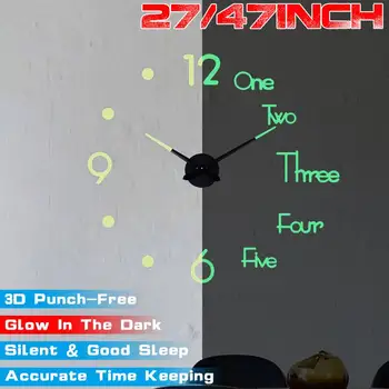 

3D DIY Luminous Wall Clock Modern Silent Acrylic Mirror Quartz Needle Wall Night Clocks Home Office Decor Wall Watch 27/47inch