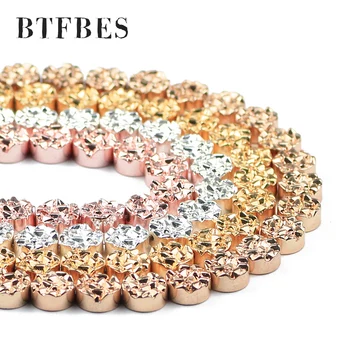 

BTFBES plating Silver Rose Gold natural Hematite Beads 8/10mm carve Flat Round Loose Spacer Bead For Jewelry Bracelet Making DIY