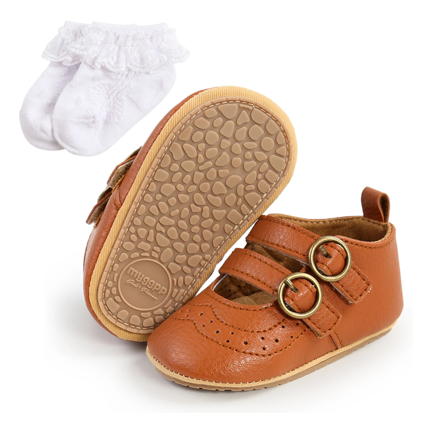 Baby Girls Boys Non-Slip PU First Walking Shoes, Buckle Strap Soft Sole Solid Infant Slip-on Sock Shoes 3