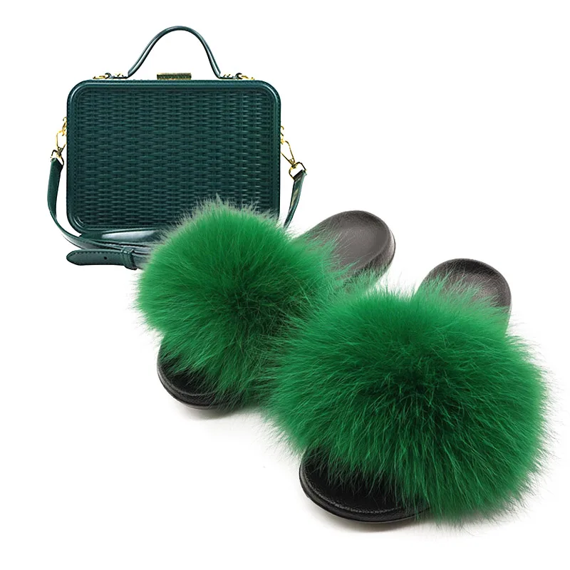 New Fashion Real Fox Fur Slippers for Women Customzed Plush Fur Slides Solid Color Female Hand Bags Sets