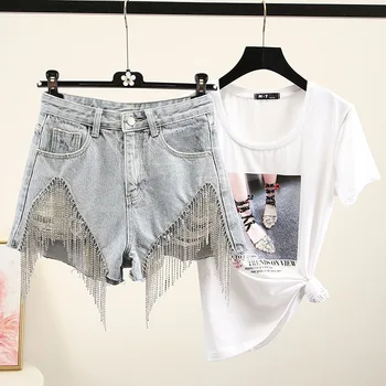 

2020 New Spring Summer Bright Diamond Beaded Hole Tassel Denim Shorts Women High Waist Loose A-line Wide Leg Pants Jeans Shorts