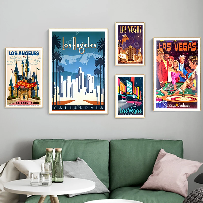 

America Las Vegas City Travel Poster Canvas Paintings Vintage Wall Kraft Posters Coated Wall Stickers Home Decor Pictures Gift