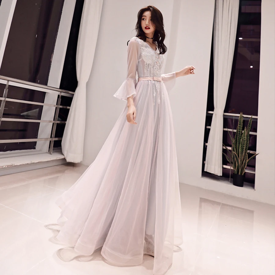 

Evening Dress Embroidery Flowers Beading Formal Dresses Flare Sleeve Robe De Soiree 2019 Crystal Lace Up V-neck Party Gown E352