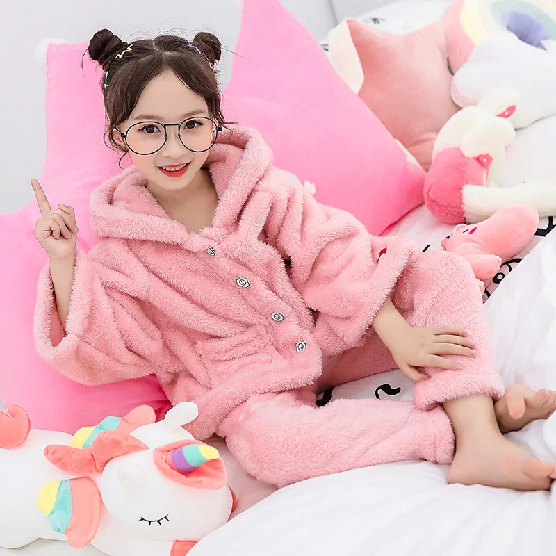 

Girls Tracksuit 2019 Winter New Style CHILDREN'S Pajamas Two-Piece Set Big Boy Thick Double-Sided Long Velvet Set